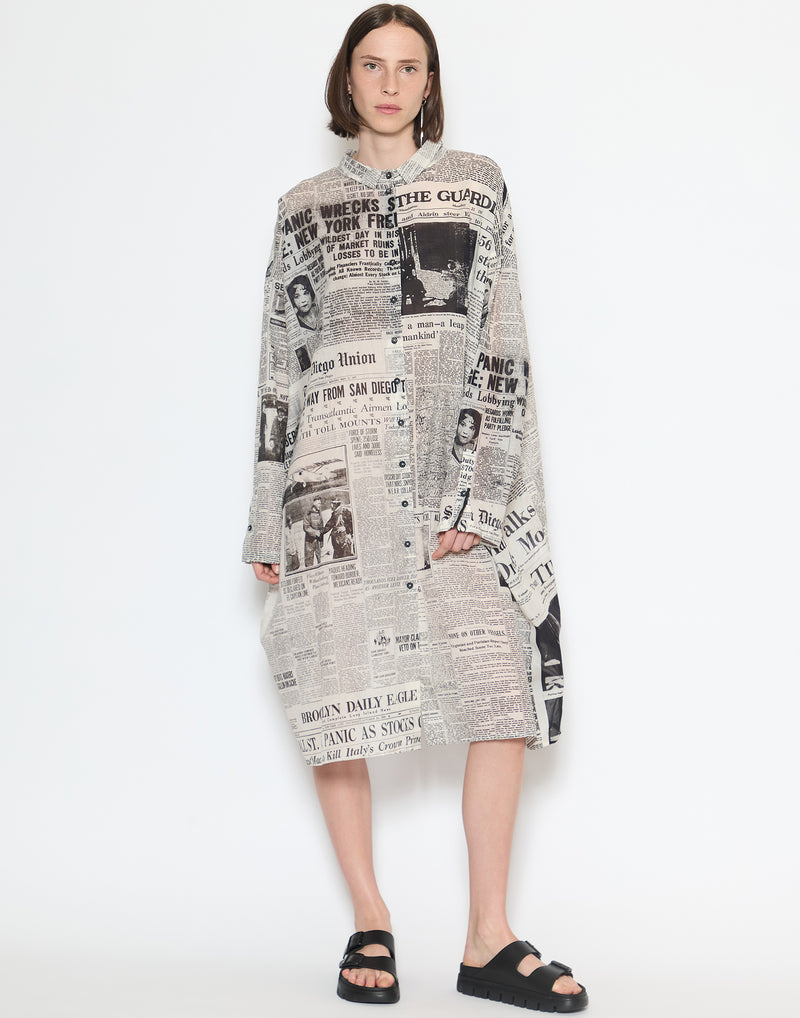 Black News Print Cotton Dress