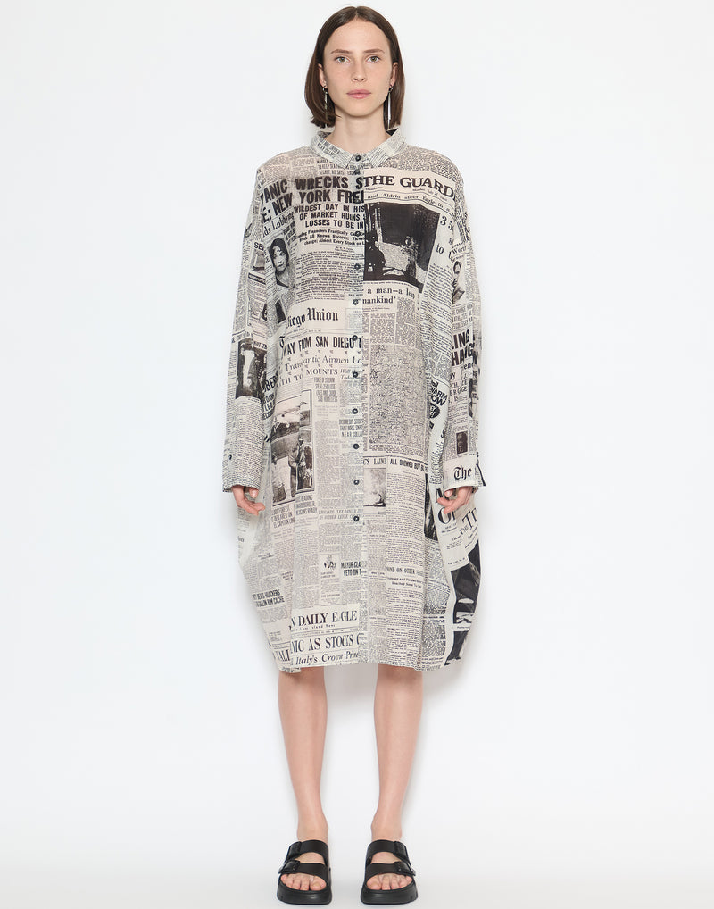 Black News Print Cotton Dress