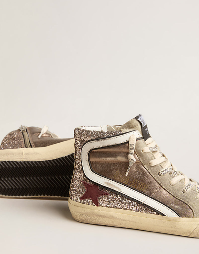 Bronze Leather & Glitter Slide Sneakers