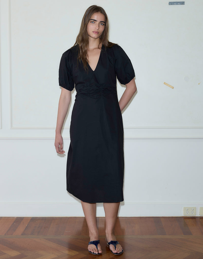 Black Cotton Poplin Pinched Dress