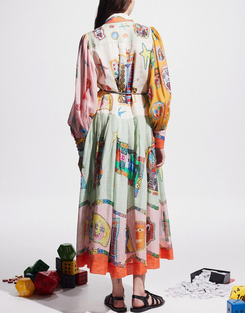 Printed Ramie Players Shirtdress