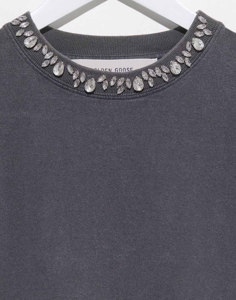 Grey Crystal Embellished Cotton T-Shirt