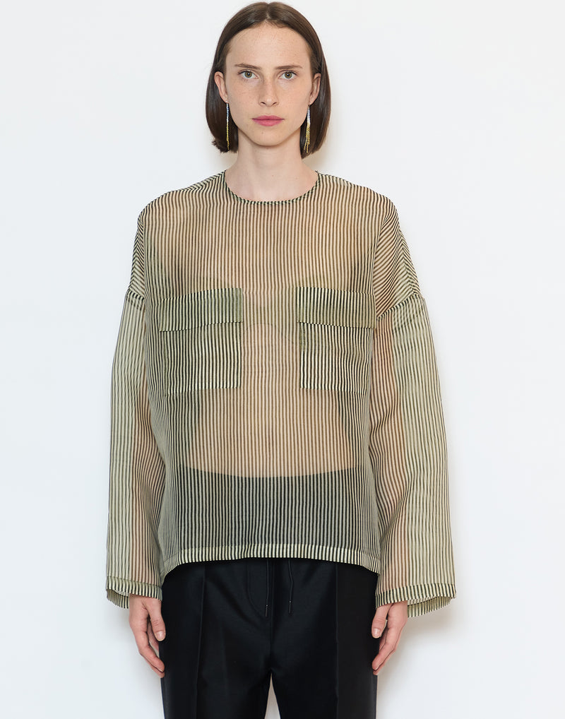 Khaki Stripe Silk Organza Tenoi Top