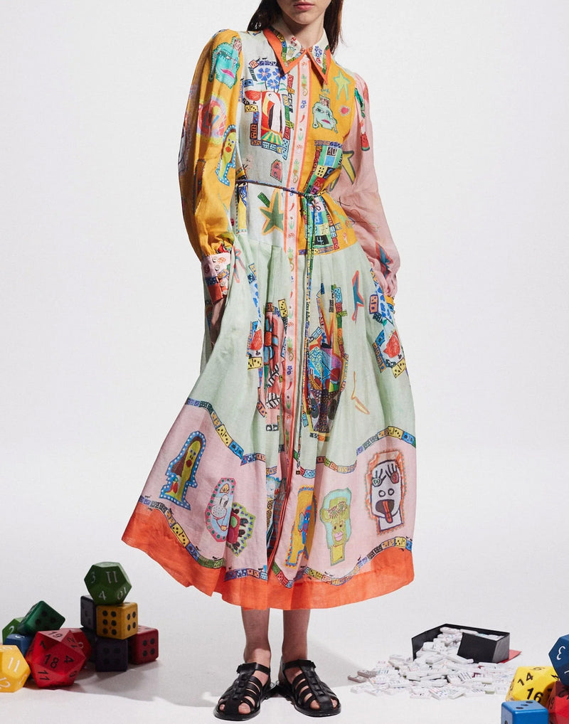 Printed Ramie Players Shirtdress