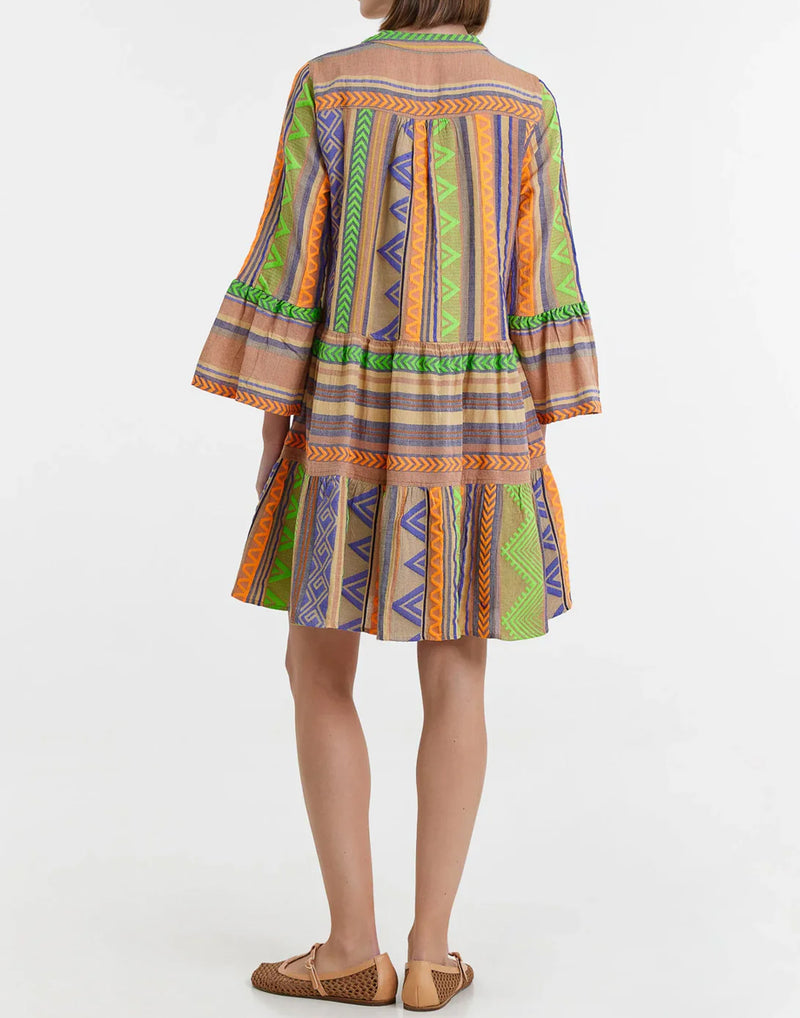 Green & Orange Cotton Blend Ella Short Dress