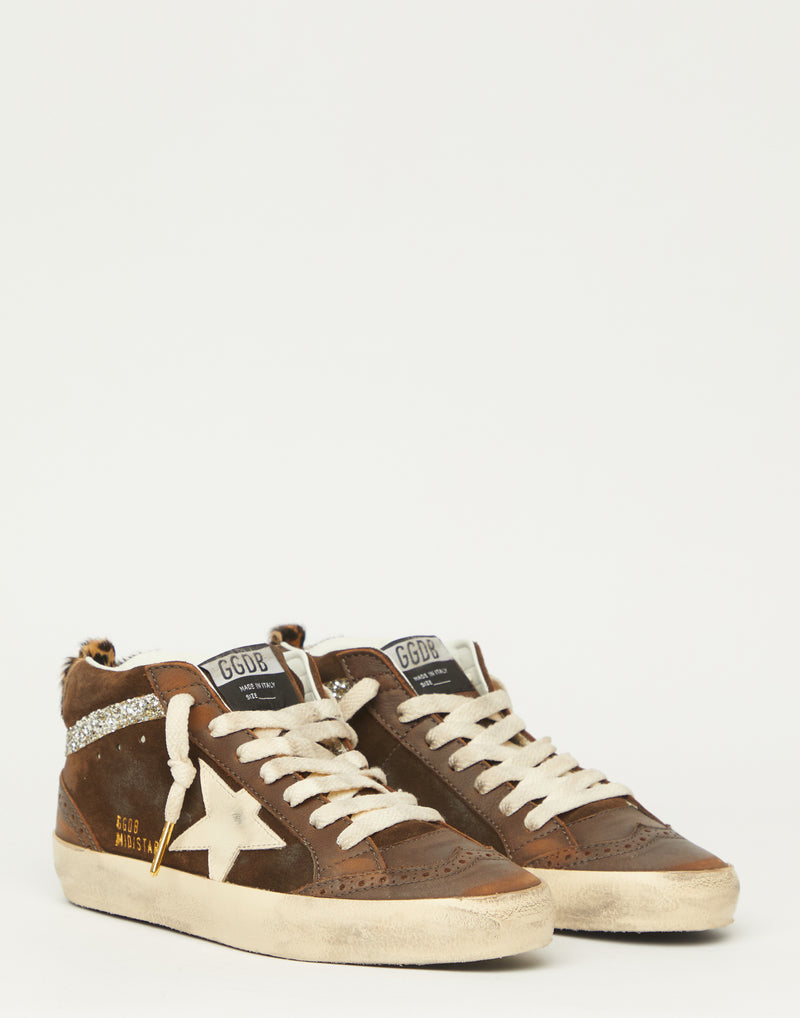 Brown Leather & Glitter Mid Star Sneakers