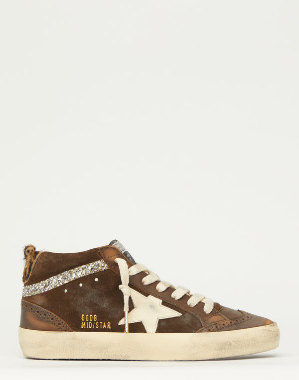 Brown Leather & Glitter Mid Star Sneakers