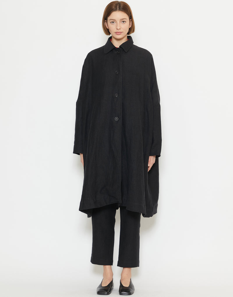 Black Linen & Wool Atomless Coat