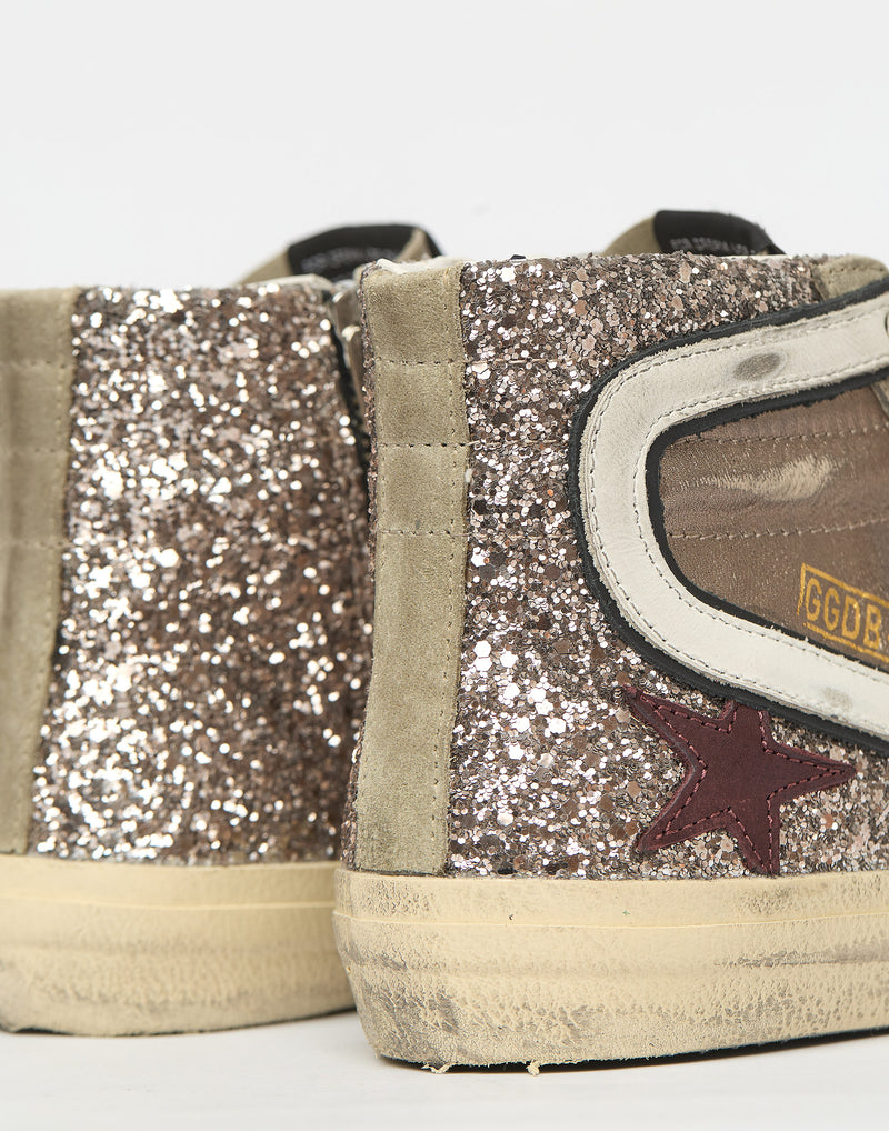 Bronze Leather & Glitter Slide Sneakers