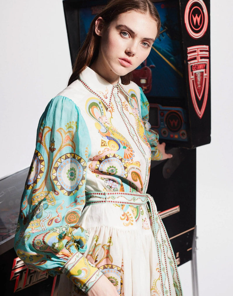 Printed Ramie Pinball Shirtdress