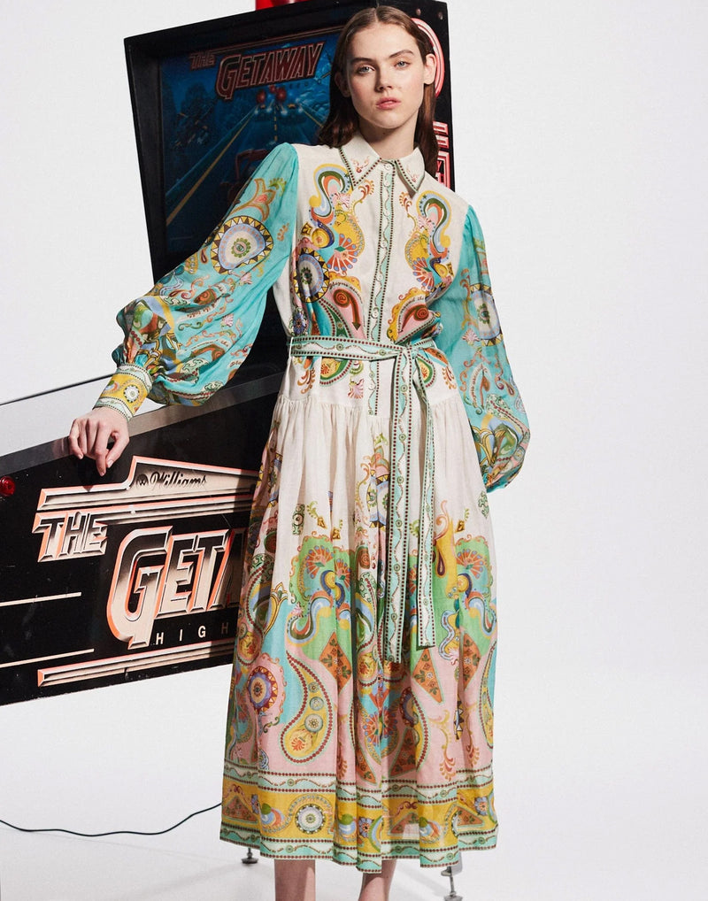 Printed Ramie Pinball Shirtdress