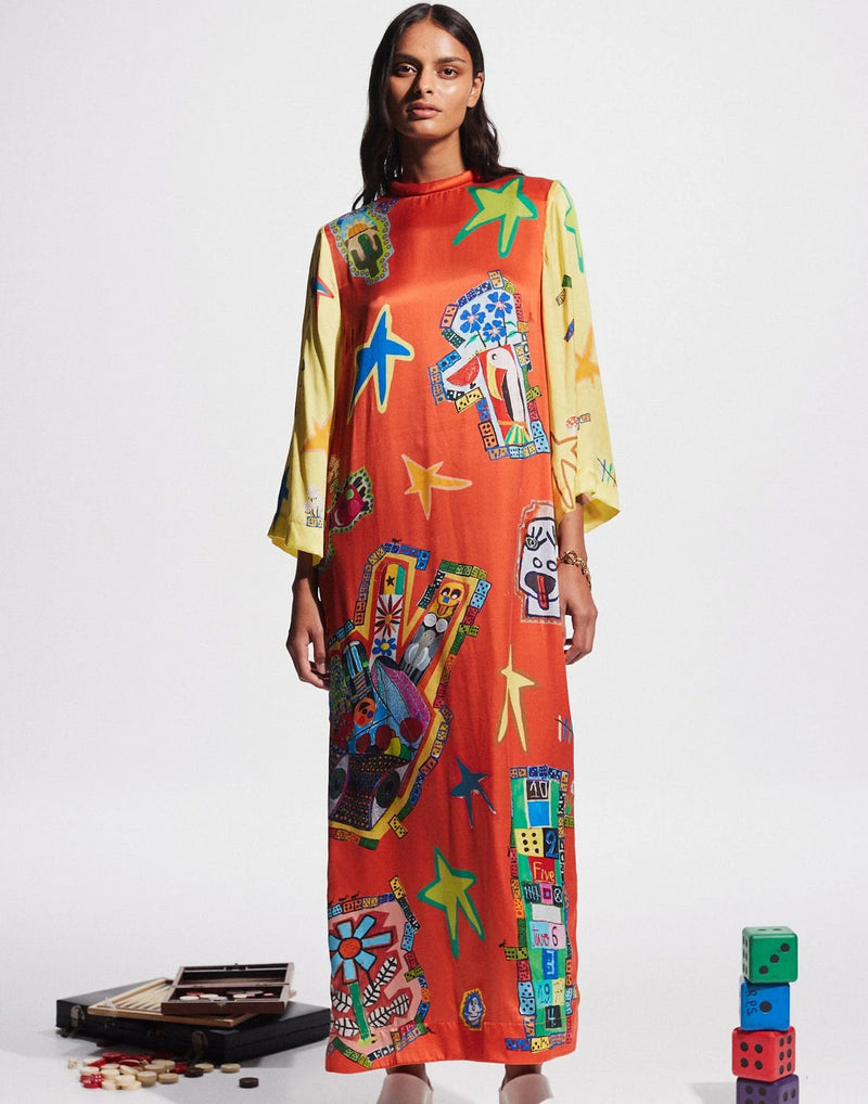 Printed Silk Players Midi Dress