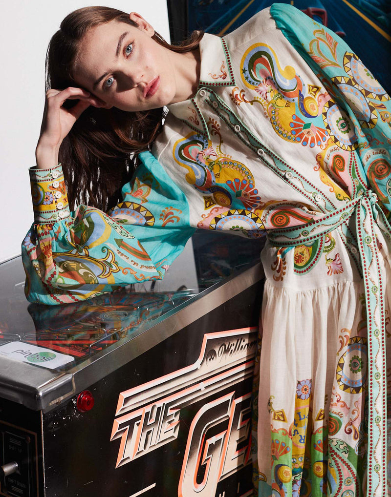 Printed Ramie Pinball Shirtdress