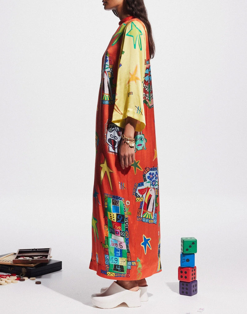 Printed Silk Players Midi Dress