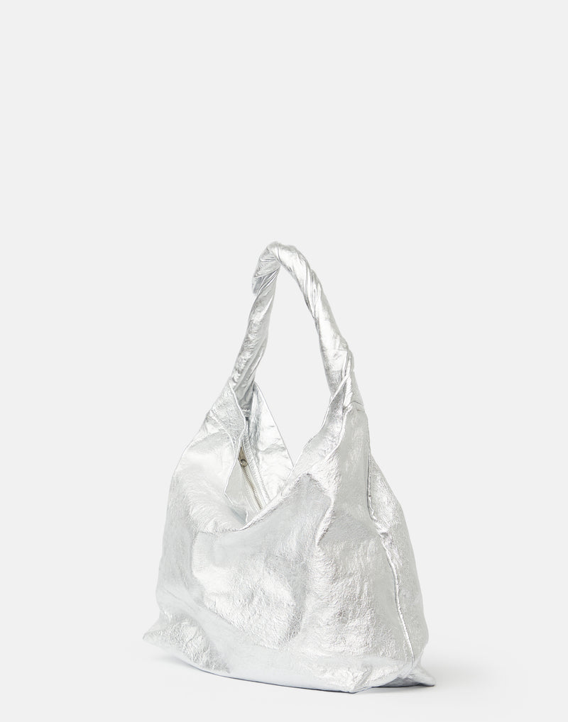 Silver Nappa Leather Shoulder Tote Bag