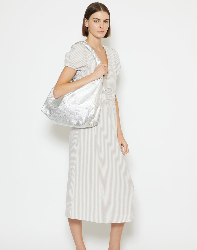 Silver Nappa Leather Shoulder Tote Bag