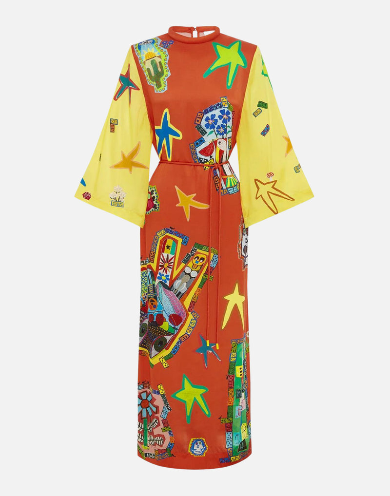 Printed Silk Players Midi Dress