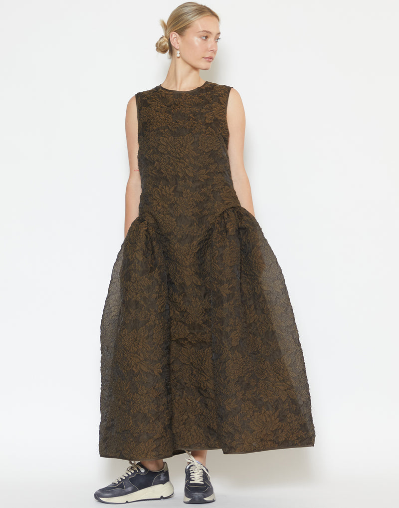 Brown Cotton Blend Matelassé Gine Dress