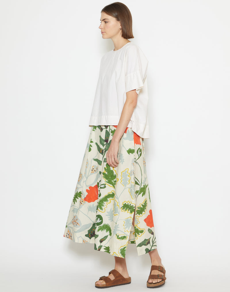 Foliage Print Cotton Poplin Midi Skirt