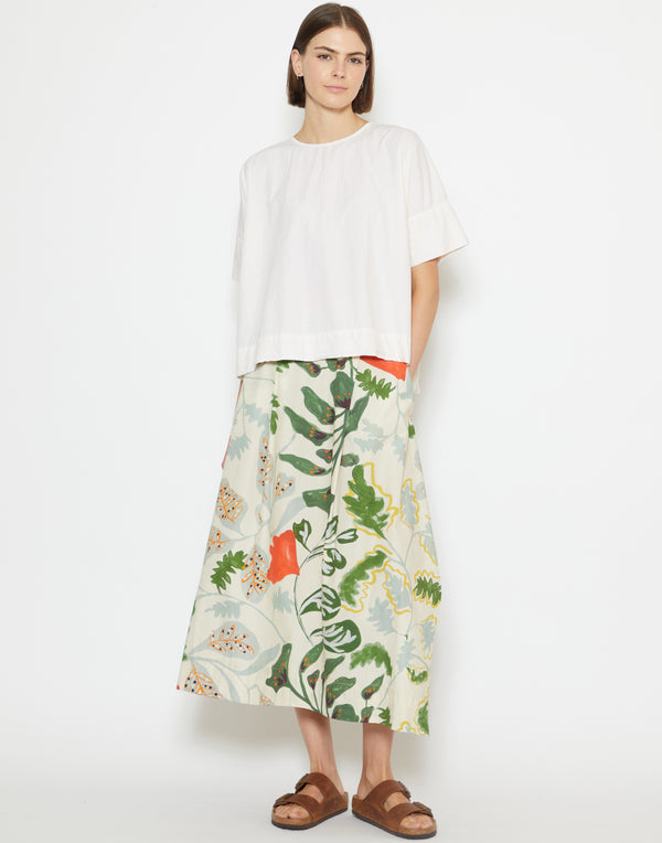 Foliage Print Cotton Poplin Midi Skirt