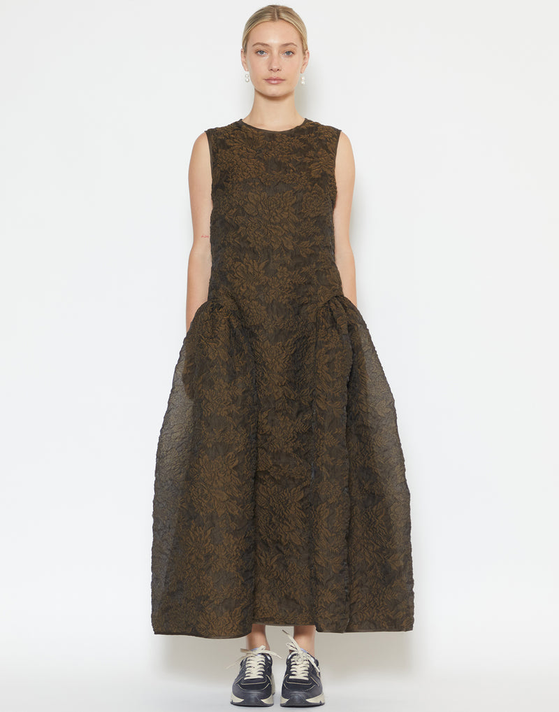 Brown Cotton Blend Matelassé Gine Dress