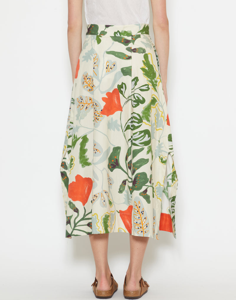 Foliage Print Cotton Poplin Midi Skirt