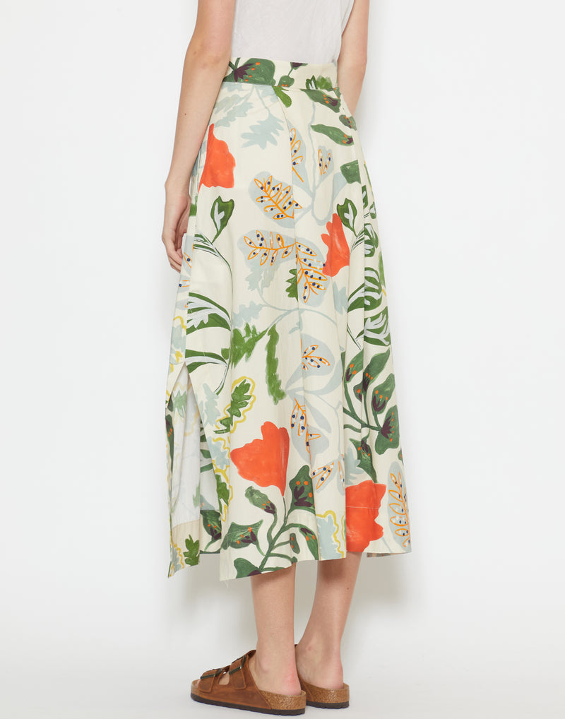 Foliage Print Cotton Poplin Midi Skirt