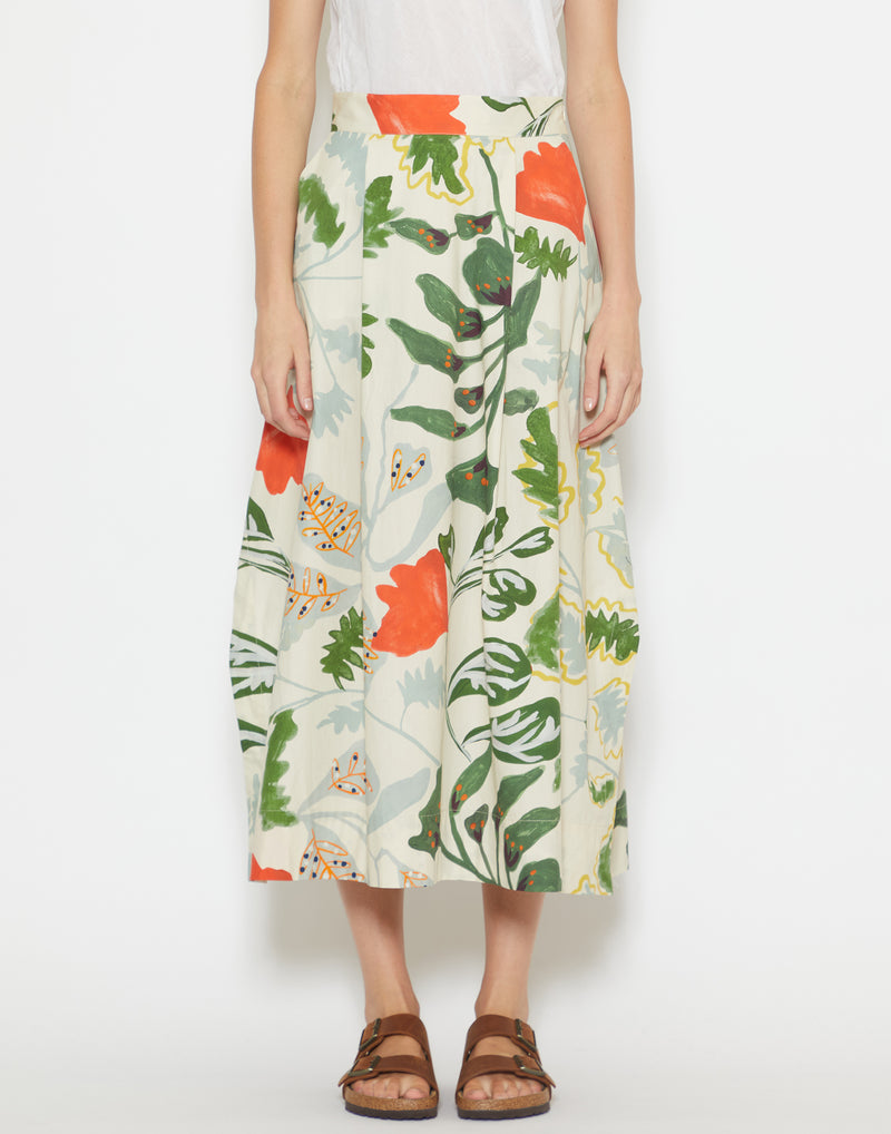 Foliage Print Cotton Poplin Midi Skirt