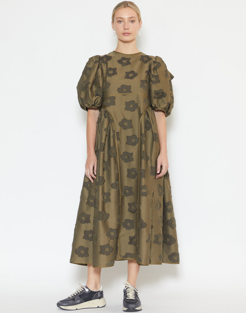 Olive Cotton Fil-Coupé Finnegan Dress