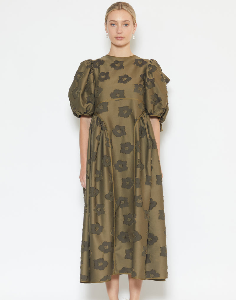 Olive Cotton Fil-Coupé Finnegan Dress