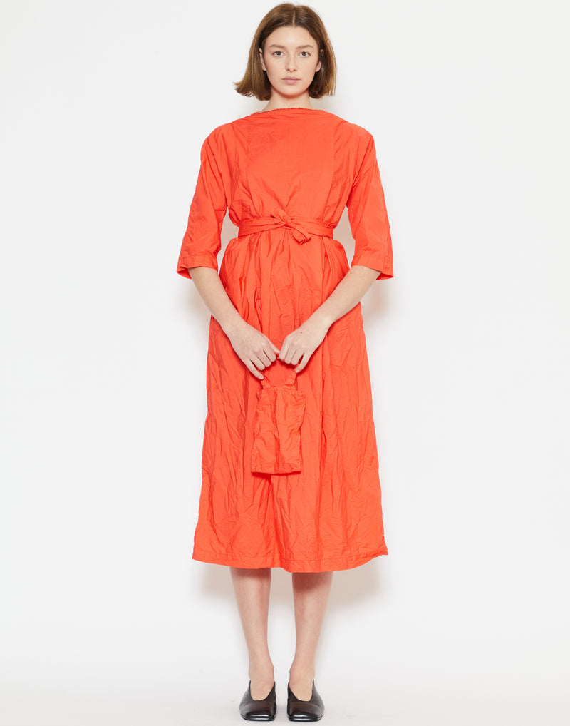 Glow Red Cotton Cardo Manica Dritto Dress