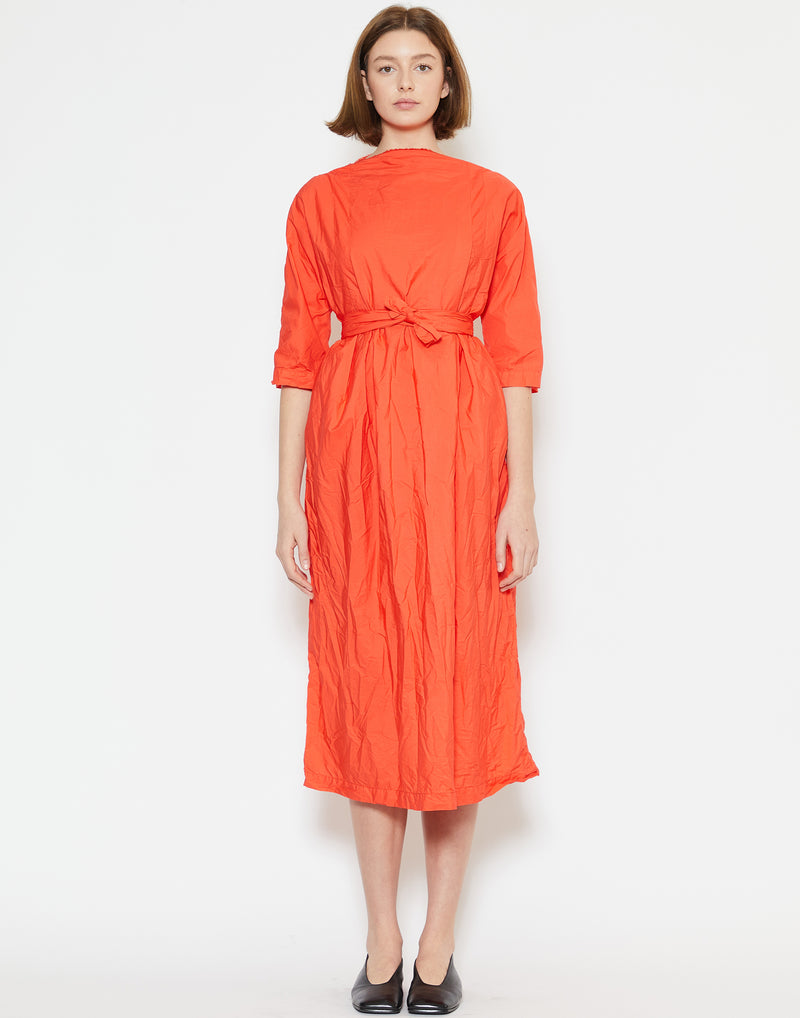 Glow Red Cotton Cardo Manica Dritto Dress