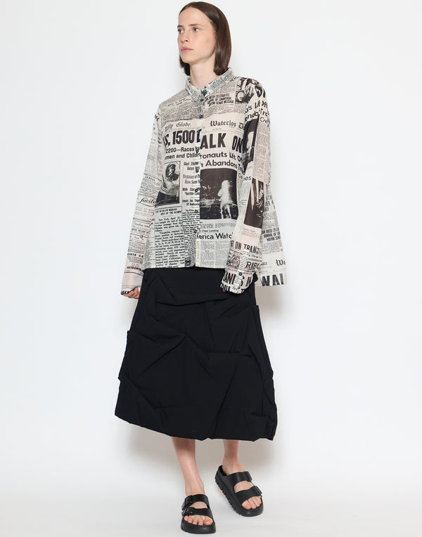 Black News Print Cotton Oversized Shirt