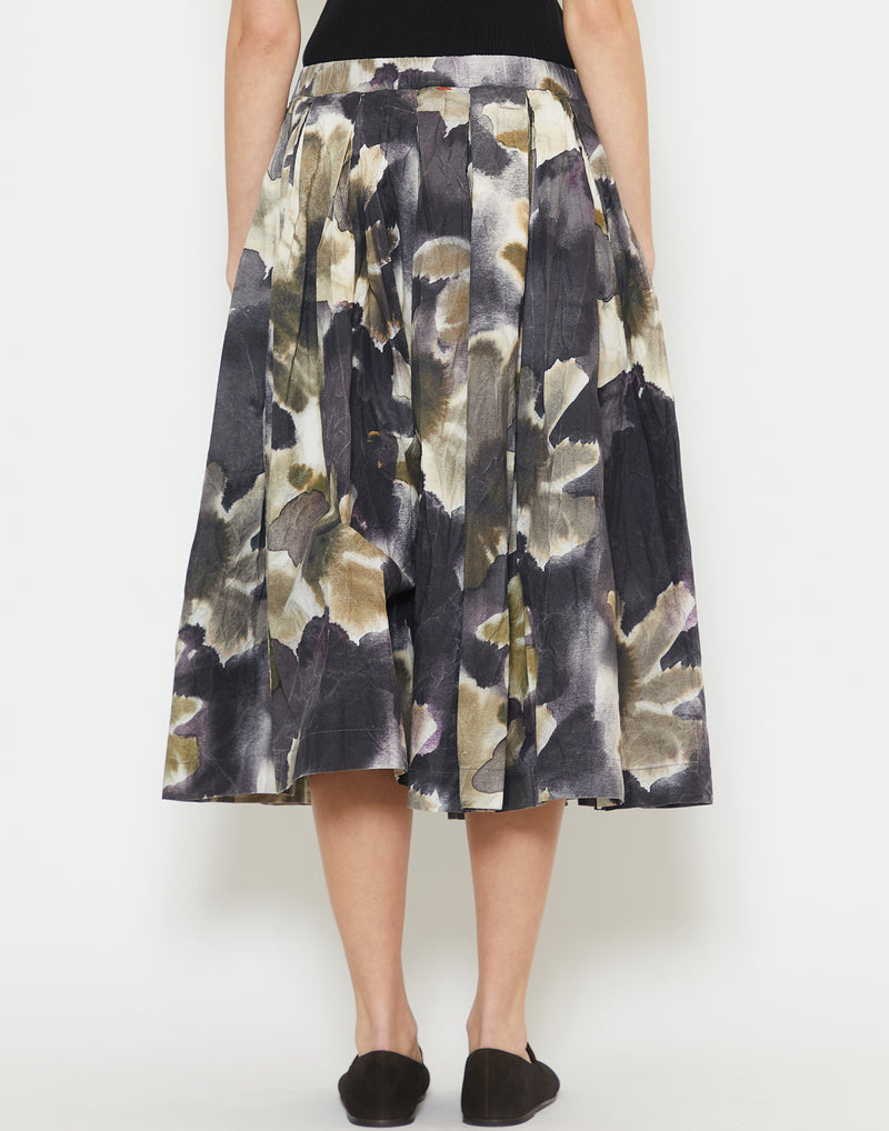 Khaki Blotch Print Cotton Double Rideaux Skirt