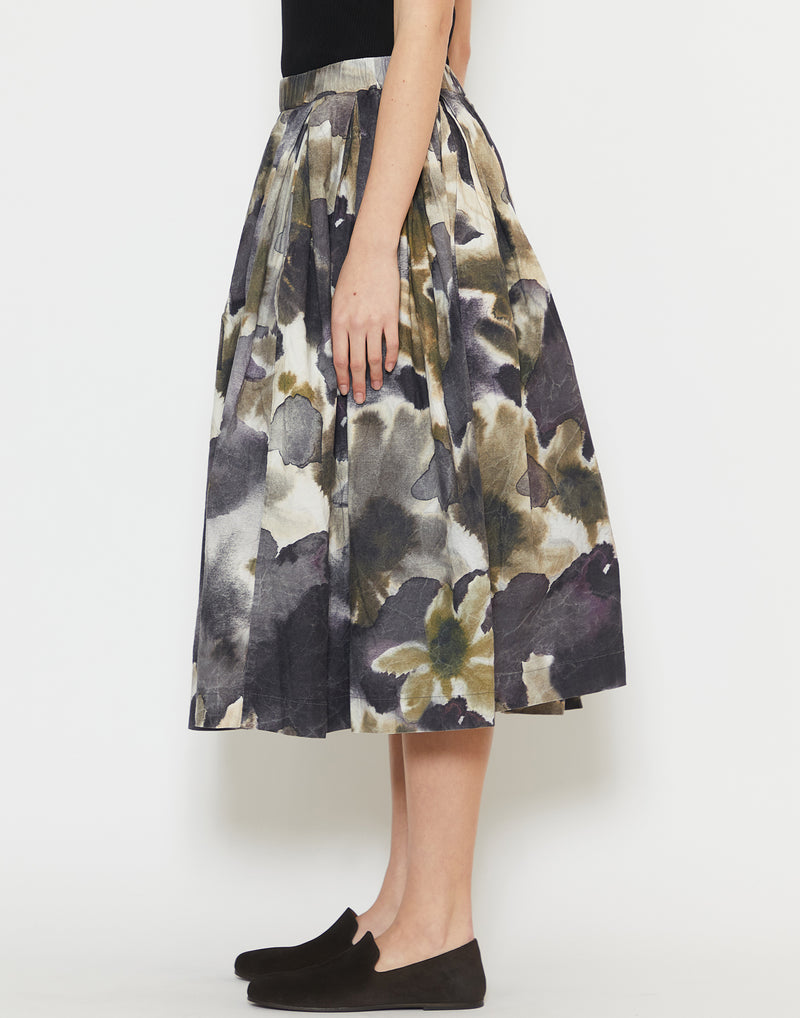 Khaki Blotch Print Cotton Double Rideaux Skirt