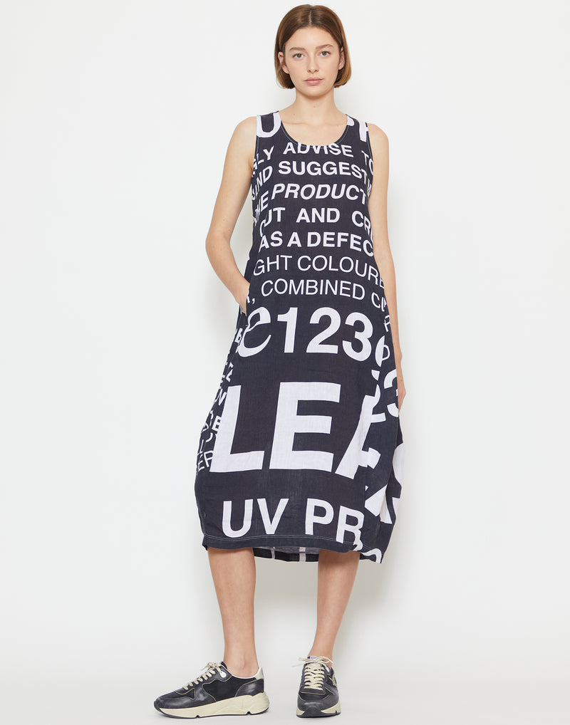 Black Printed Linen Sleeveless Dress