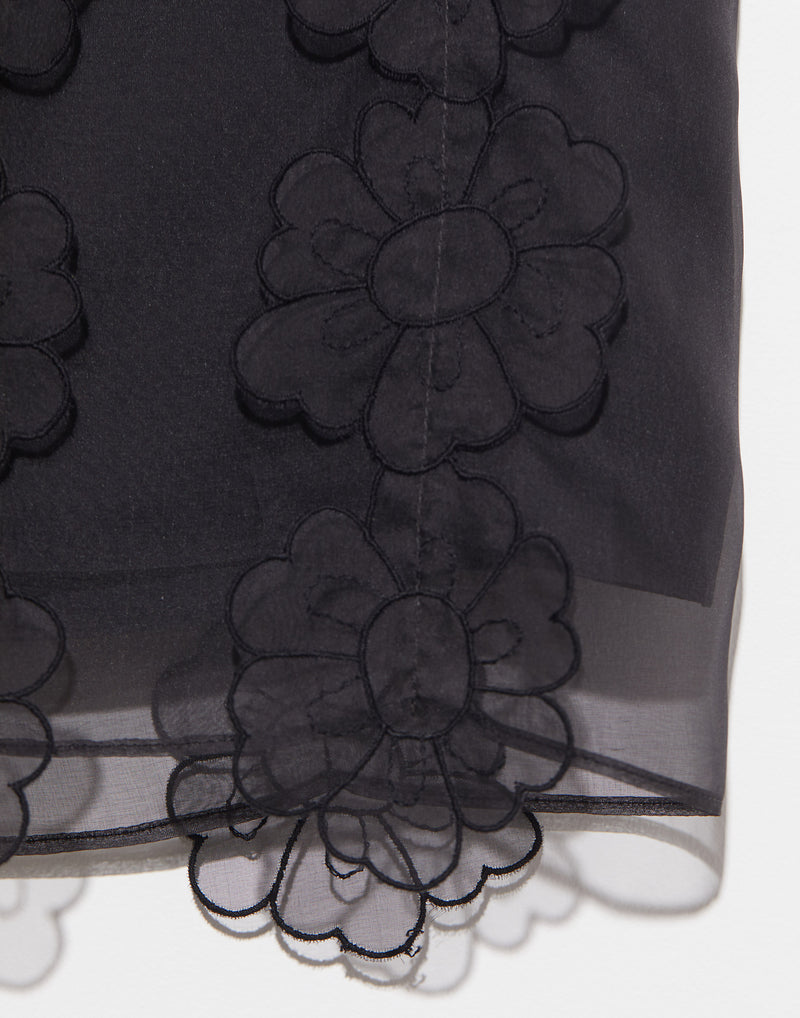 Black Silk Floral Appliqué Olympia Skirt