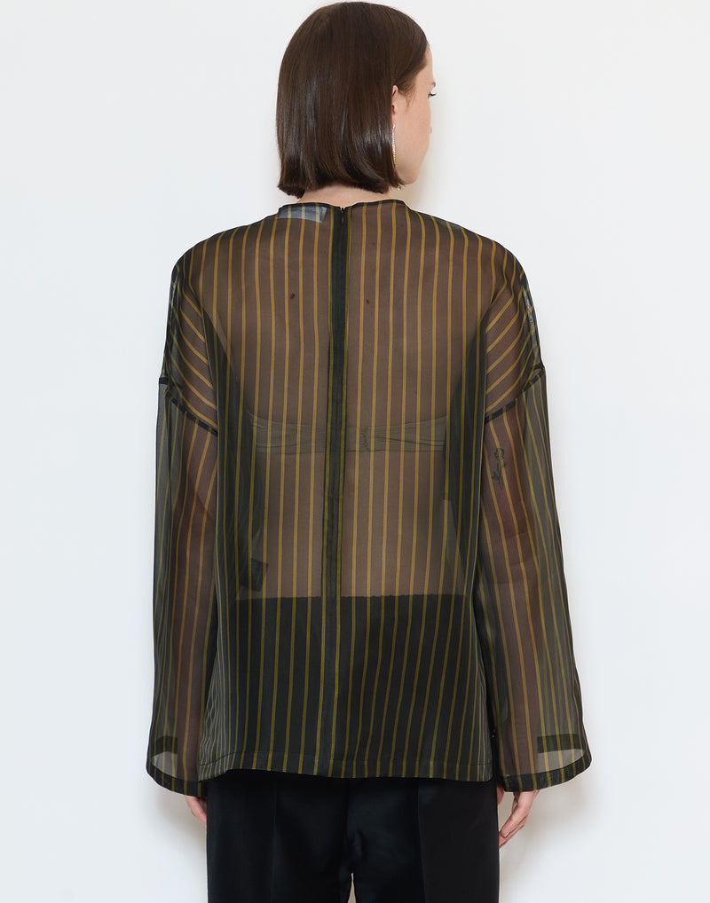 Black & Khaki Stripe Silk Organza Tenoi Top