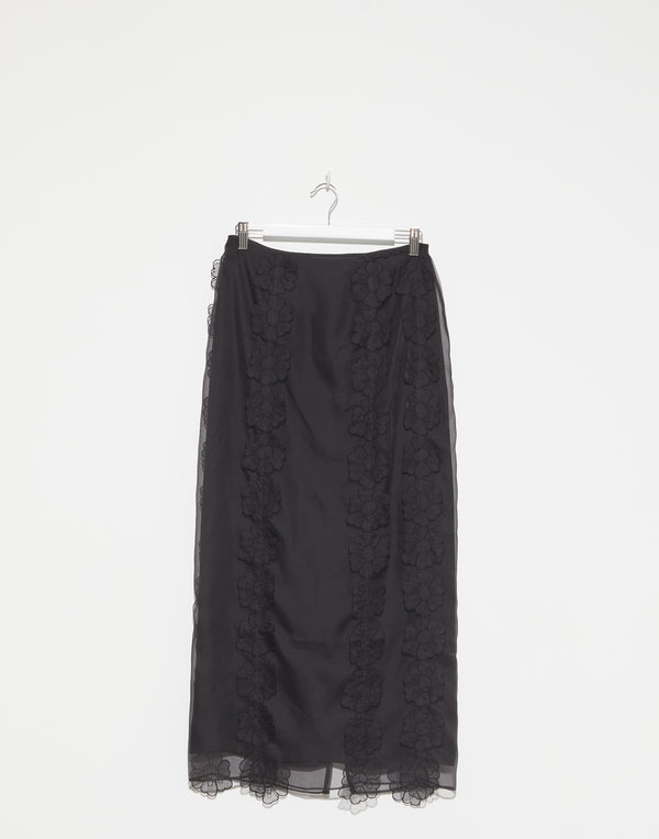 Black Silk Floral Appliqué Olympia Skirt