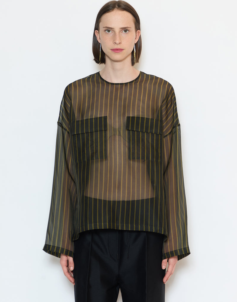 Black & Khaki Stripe Silk Organza Tenoi Top