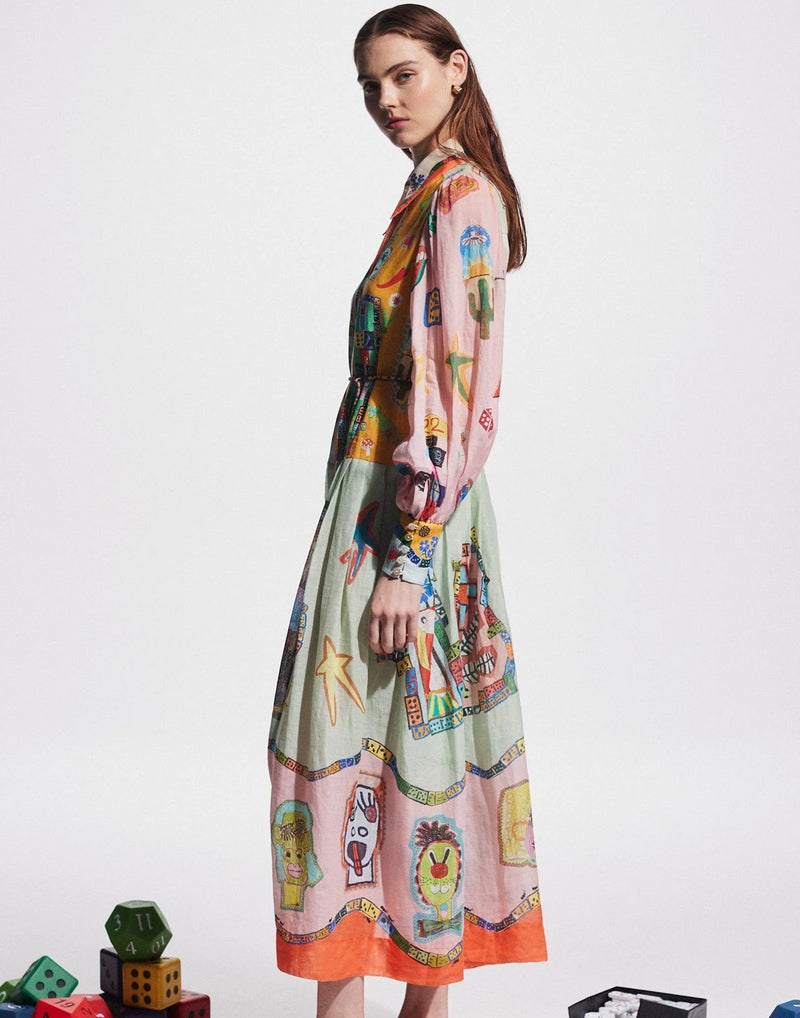 Printed Ramie Players Shirtdress