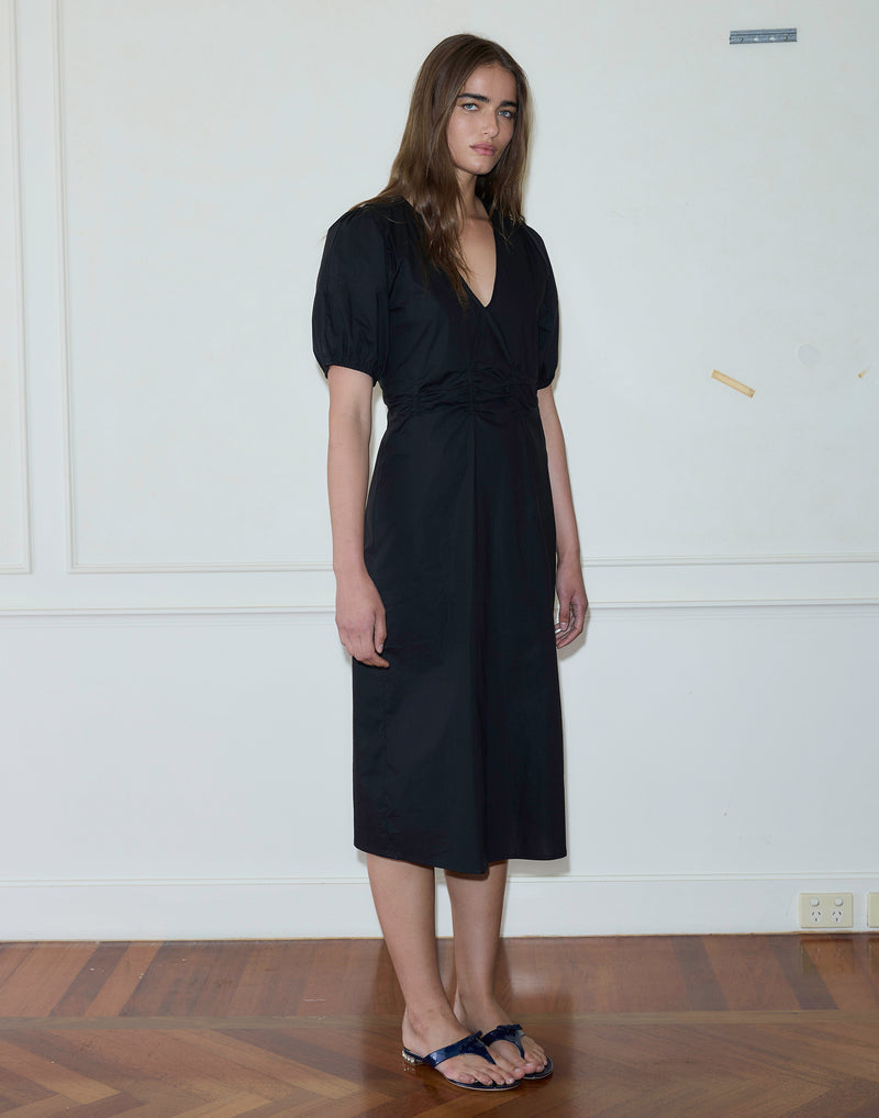 Black Cotton Poplin Pinched Dress