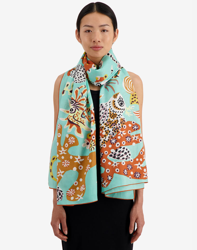 Turquoise Cotton & Silk Jardin De Sirenes Scarf