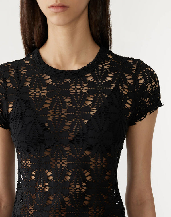 Black Cotton & Elastane Lace T-Shirt