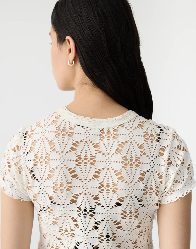 White Cotton & Elastane Lace T-Shirt