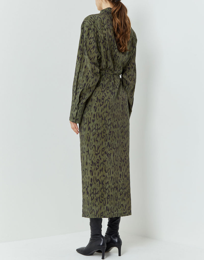 Khaki Feline Print Dimya Drape Dress